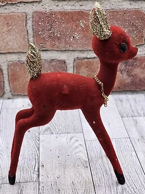 Vintage Standing Red Flocked Deer Reindeer W/ Gold Glitter Ears & Tail MCM • $24.99