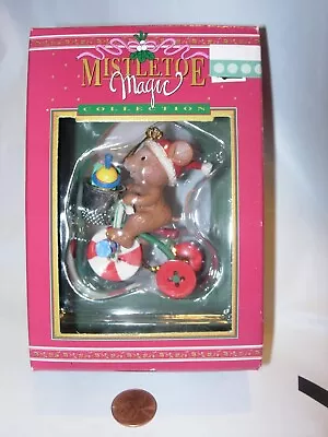 Vintage Mistletoe Magic Christmas Tree Ornament White Mouse Tricycle Thimble • $12.34