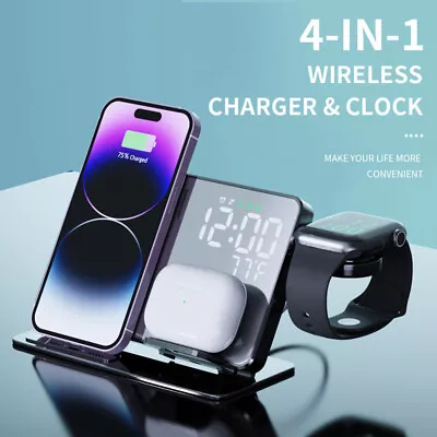 $53.69 • Buy 4 In 1 Wireless Charger Dock Charging Station For IPhone Apple Watch With Clock