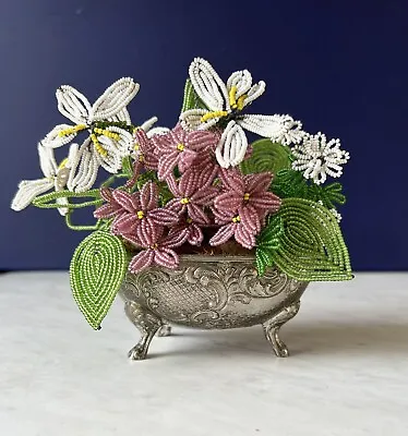 Vtg Antique French Glass Beaded Flowers Floral Arrangement Bouquet Casket Box • $75