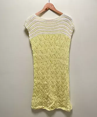 Vintage Handmade Womens Midi Dress Large Yellow White Crochet Semi Sheer Boho • $34.88