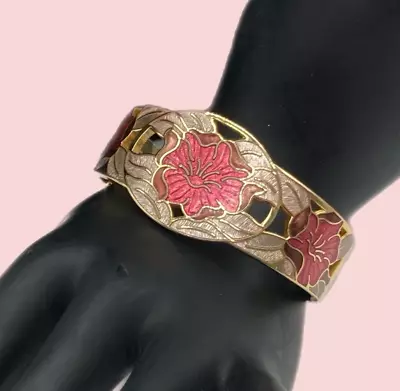 Fish Bracelet Hinge Clamp Cloisonne Pink Floral Gold Tone Vintage 80s Enameled • $37