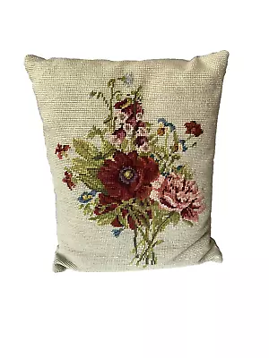 Vintage Handmade Needlepoint Pillow Rectangular Floral Flower Bouquet Roses Wool • $73.80