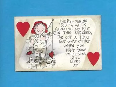 Adorable BOY FISHES For HEARTS On Colorful Vintage VALENTINE Postcard • $3.99