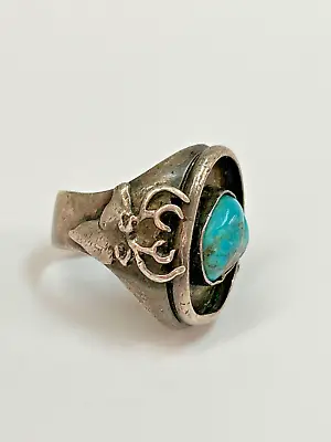 Vtg Native American Sterling Silver Whitetail Deer Antler Turquoise Ring Sz 9 FZ • $999.99