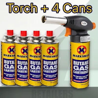 Blow Torch Butane Gas With 4 Bottles Burner Welding Auto Ignition Soldering BBQ • £12.99