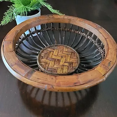 Vintage Woven Round Bamboo Rattan Pencil Reed Wood Basket Bread Fruit Bowl • $48.95