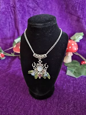 Silver Cernunnos God Blue Glass Flowers And Green Leaves Necklace Wiccan Pagan  • £9.49