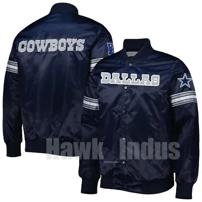 Dallas Cowboys Navy Satin American Football Jacket Full-Snap Embroidery Logos • $105