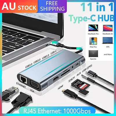 $43.95 • Buy 11 In 1 USB C Hub 4K HDMI Adapter VGA Dongle 3 USB 3.0 Ports SD/TF Type C PD AUX