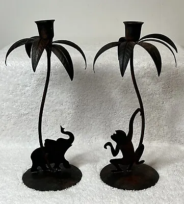 Metal Taper Candlestick Holder Jungle Theme Monkey & Elephant Set/2 Distressed • $23.99