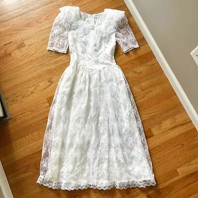 Vintage 1980s Jessica McClintock Gunne Sax White Lace Wedding Dress | Size 3/4 • $342.63