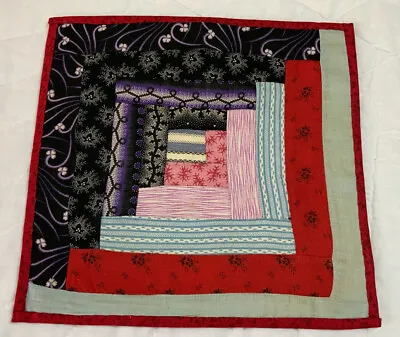 Vintage Patchwork Quilt Table Topper Log Cabin Early Calico Prints Red Pink • $11.45