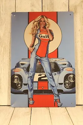 Gulf Racing Pinup Girl Tin Sign Gas Motor Oil Vintage Look Garage Mechanic XZ • $10.97