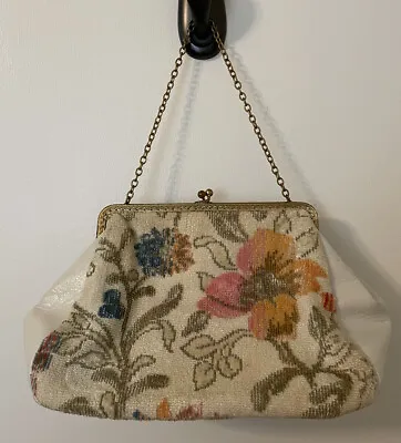 Vintage Carpet Bag Tapestry Purse Handbag Beige Pastel Flowers + 1980s Prom Card • $24.99