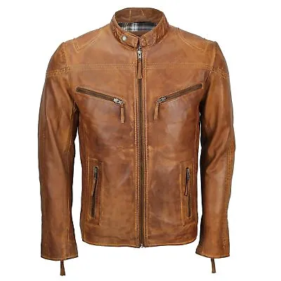 Mens Fitted Tan Brown Real Leather Biker Jacket Vintage Zipped Smart Casual Coat • £49.99