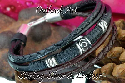 Armband Wristband Sterling Silver & Leather Men Bracelet 1B-823 • £27.85