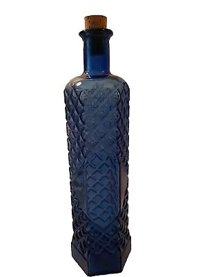 Cobalt Blue Glass Bottle Six Sided Diamond Pattern W/ Cork 11.5  Tall Decorative • $4.95