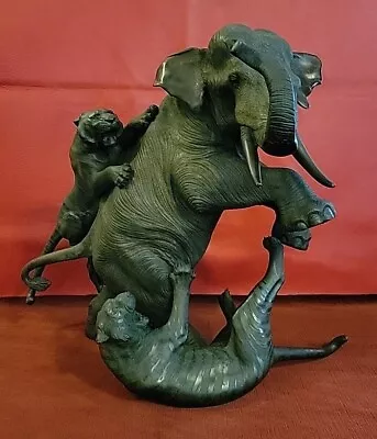 Vintage Japanese Meiji Era Elephant & 2 Tiger Attack 15  Bronze Statue • $995