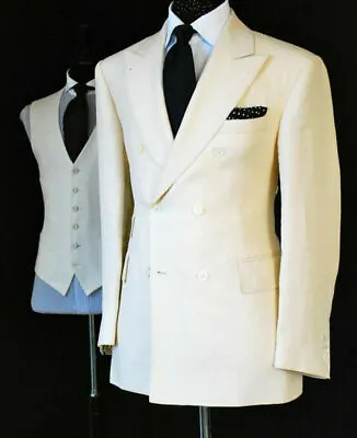 Men's Suit Cream Cotton Linen Double Breasted Groom Tuxedos Formal Wedding Suit • $93.27