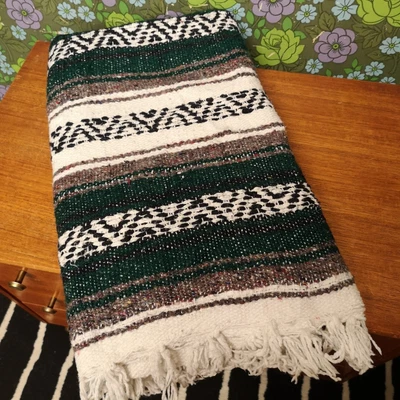 £19.99 • Buy Mexican Green Grey Black White Woven Stripy Falsa Yoga Blanket / Throw 70 X44 
