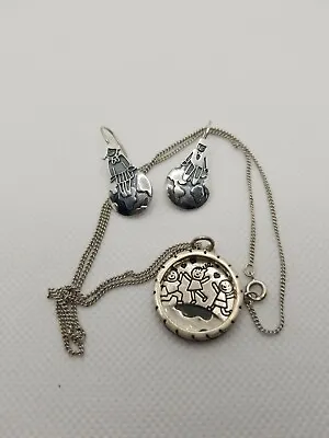 Vintage Sterling Silver Mexico Children Boys Girls Earth Pendant Earrings Set • $44.99