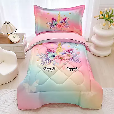 4 Pieces Rainbow Unicorn Toddler Bedding Set Girls Pink Floral Butterfly Star Cr • $53.88