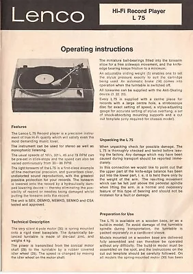Lenco Turntable L75 Operating Instructions Manual • $50