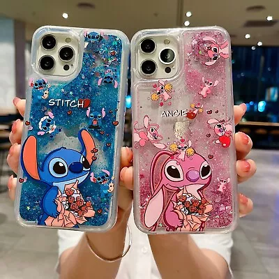 For Various Phone Cartoon Cute Rose Stitch Liquid Bling Quicksand Case Cover • £3.59