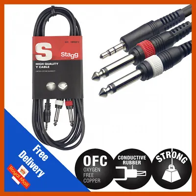 3.5mm Stereo TRS Mini Jack To Twin 2x 6.35mm Jack Lead / Aux MP3 Mixer Cable • £7.99