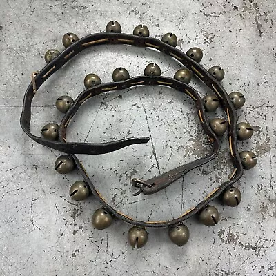 Antique Brass Sleigh Bells Leather Belt Harness Buckle Horse Tack Vtg • $100