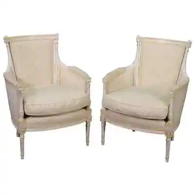 Pair Signed Maison Jansen White Painted Louis XVI Bergère Lounge Chairs C1940 • $2925