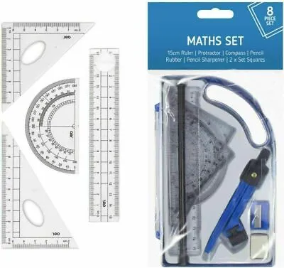 £2.99 • Buy Maths Geometry Set - 8 Piece - Compass Ruler Protractor Pencil Sharpe Stationary