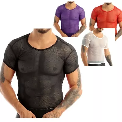Mens See Through Mesh Short Sleeve T-Shirt Fish Net Muscle Shirts Tee Tops Sexy • £6.61