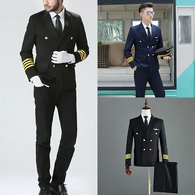 Men Airline Captain Suit Jacket Pants Pilot Blazer Aviator Costume Uniform Cool • $66.03