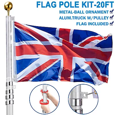 £64.99 • Buy 20ft Aluminium Telescopic Flag Pole Kit Outdoor Garden Sectional Flagpole UKFlag