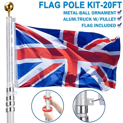 £64.99 • Buy 20ft Aluminium Telescopic Flag Pole Kit Outdoor Garden Sectional Flagpole UKFlag