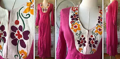 Vtg Grecian Greek Gauze Cotton Pink Long Maxi Dress Painted Flowers Purple Red • $56