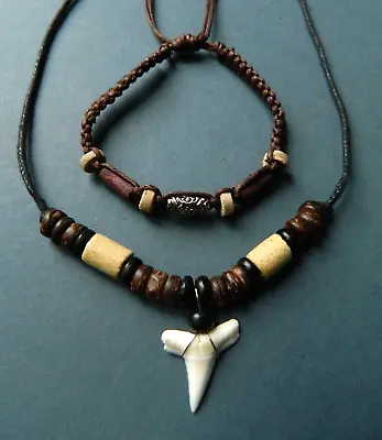 Shark Tooth Necklace 1.5cm Long Bracelet Boys Mens Adjustable Pendant Surfer Set • £9.99