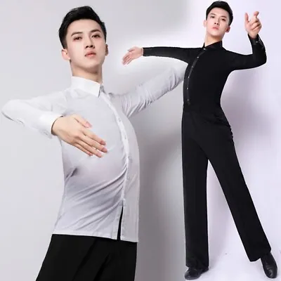 Men Latin Dance Shirt Top Ballroom Modern Salsa Samba Stretch Long Sleeve New_3 • £33.25