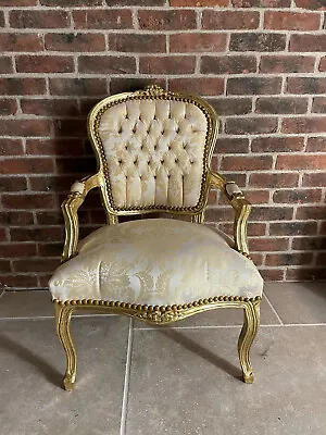 French Louis Style Shabby Chic Chair Light Gold Floral With Gold Frame • £134.99