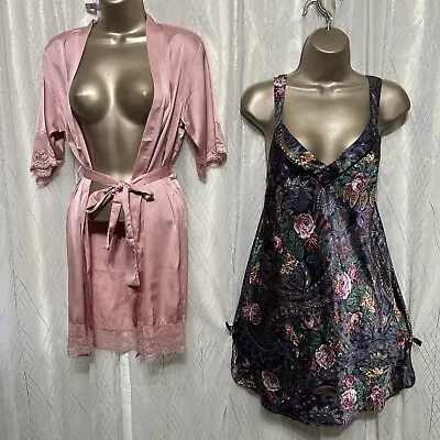 VTG L XL California Dynasty Nightgown SATIN Nylon Floral Negligee BONUS ROBE  • $79.99