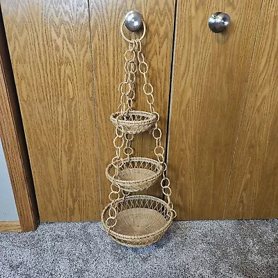 3 Tier Vintage Grass Wicker Hanging Fruit Basket Rattan Woven Baskets Read  • $34.99