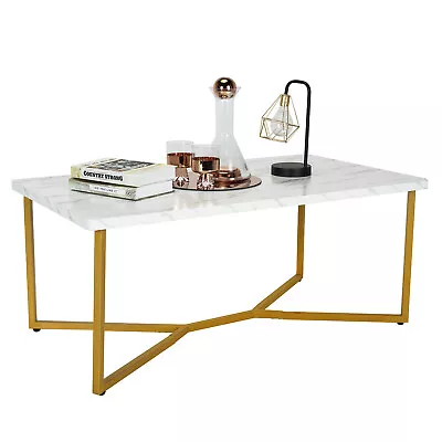 Rectangular Faux Marble Center Table With Gold Finished Metal Frame For Lounge • $64.49