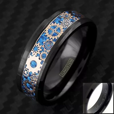 Engraved Tungsten Rose Gold Steampunk Gears Blue Carbon Fiber Men's Wedding Ring • $15.99