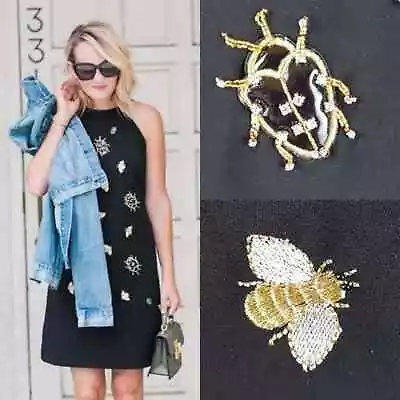 Victoria Beckham Embroidered Bees Bugs Black Halter Shift Mini Dress Size XS • $35