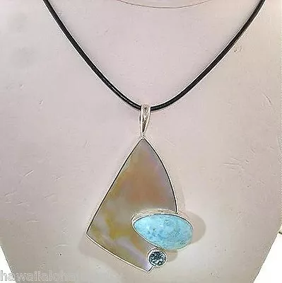 Marta Howell 925 STER Silver Gold Lip Mother Of Pearl Larimar Topaz Pendant #1 • $395