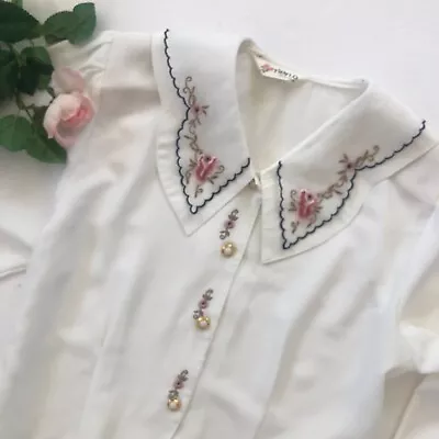 Vtg White Button Front Blouse SZ XL Embroidered Chiffon Floral Secretary Modest • $25
