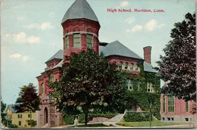MERIDEN Connecticut Postcard  High School  Building / Street View - 1911 Cancel • $4