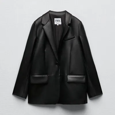 ZARA Women Vegan Leather Blazer Coat Black Long Sleeve Size Small • $139